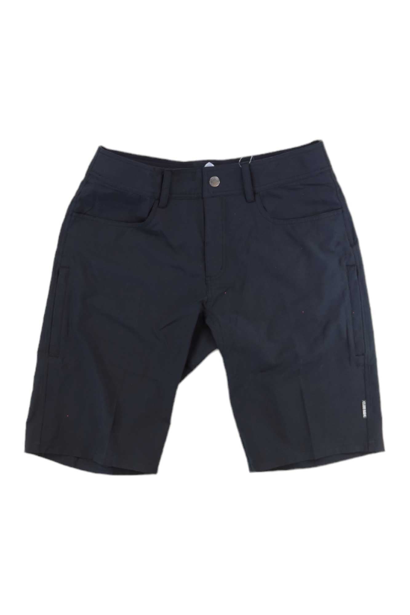 The Club Ride Mens MTN Surf 12 Inch Short in black features knee-length design, front and side pockets, button and zip closure, water-resistant fabric, and belt loops at the waistband, shown laid flat on a white background.