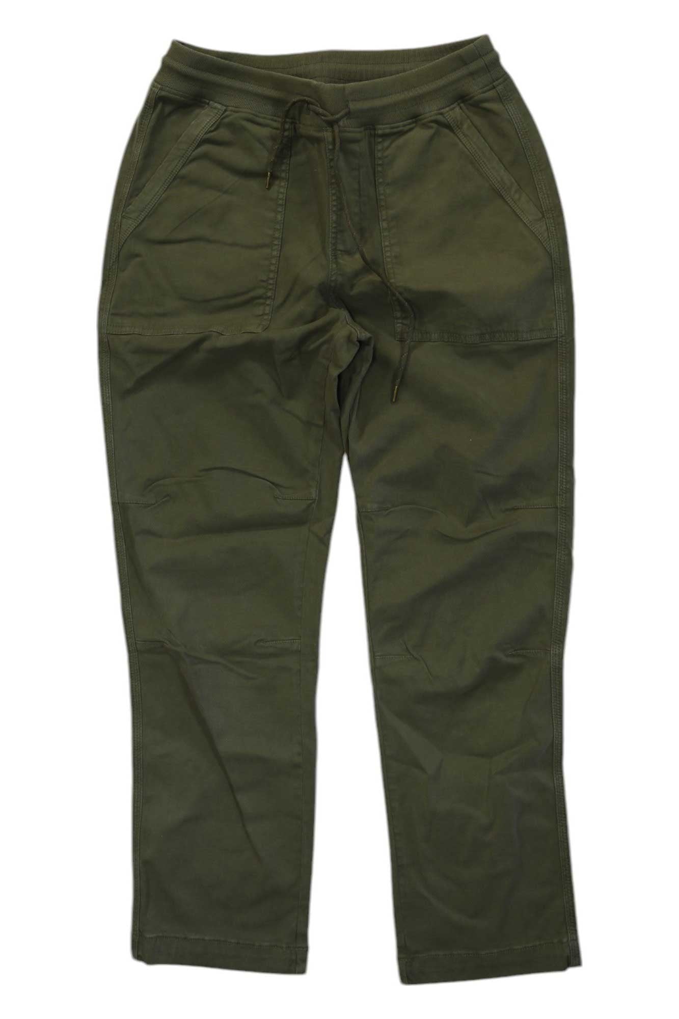 The Faherty Womens Traveler Pant in olive green features an elastic waistband, drawstring tie, and side pockets—displayed flat on a white background. These lightweight pants are perfect for hiking and any adventure.