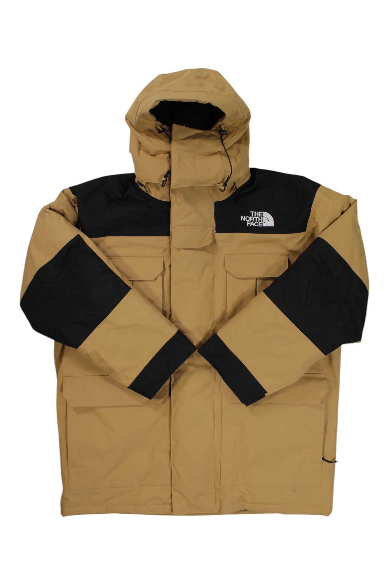 Men's insulated parka with hood, tan shell with black sleeves, full front zip