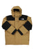 Men's insulated parka with hood, tan shell with black sleeves, full front zip