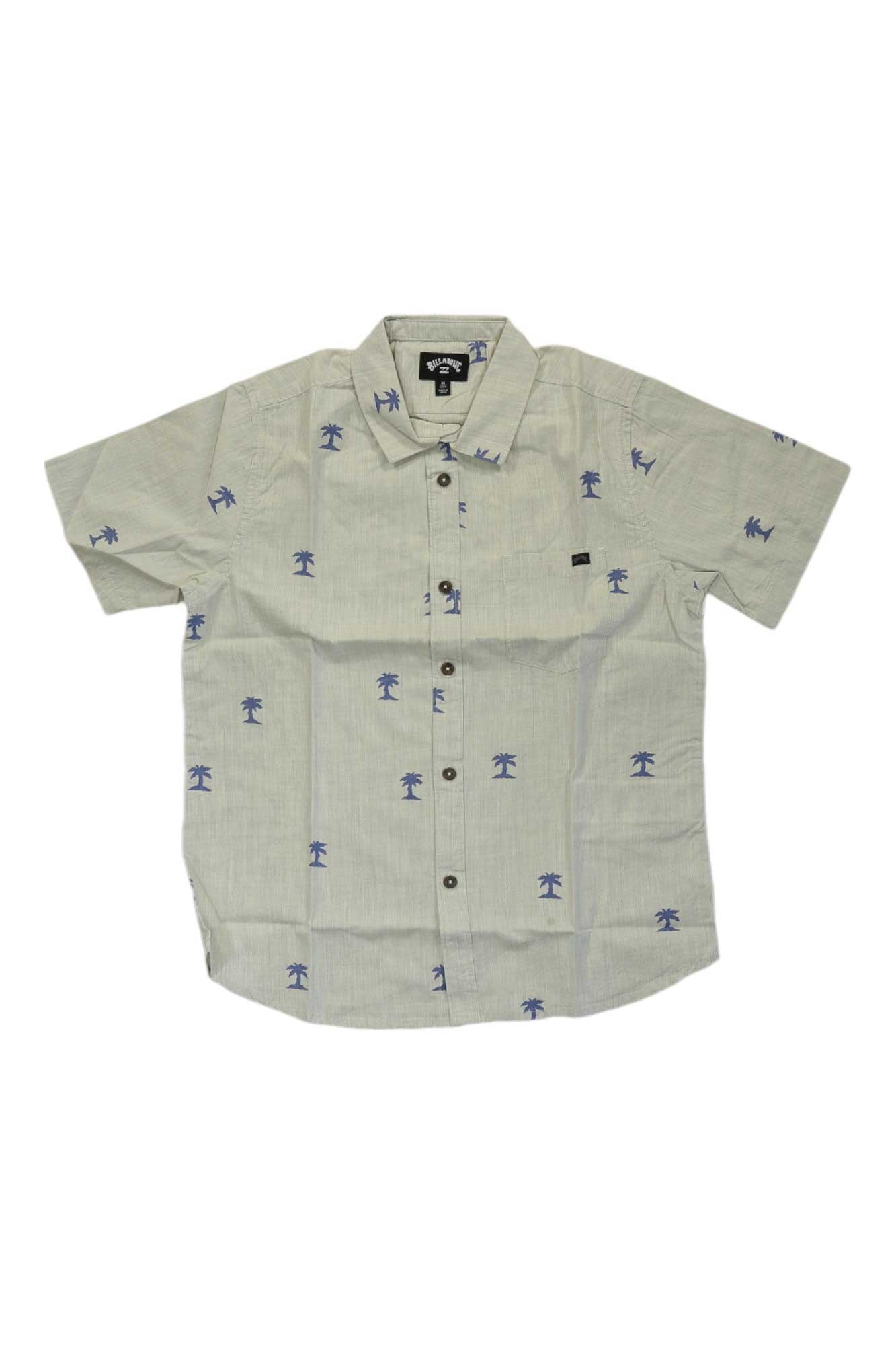 The Billabong Boys' Sundays Mini SS Shirt is a light gray collared short sleeve shirt with a casual button front and small blue palm tree print, shown on a white background.