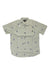 The Billabong Boys' Sundays Mini SS Shirt is a light gray collared short sleeve shirt with a casual button front and small blue palm tree print, shown on a white background.