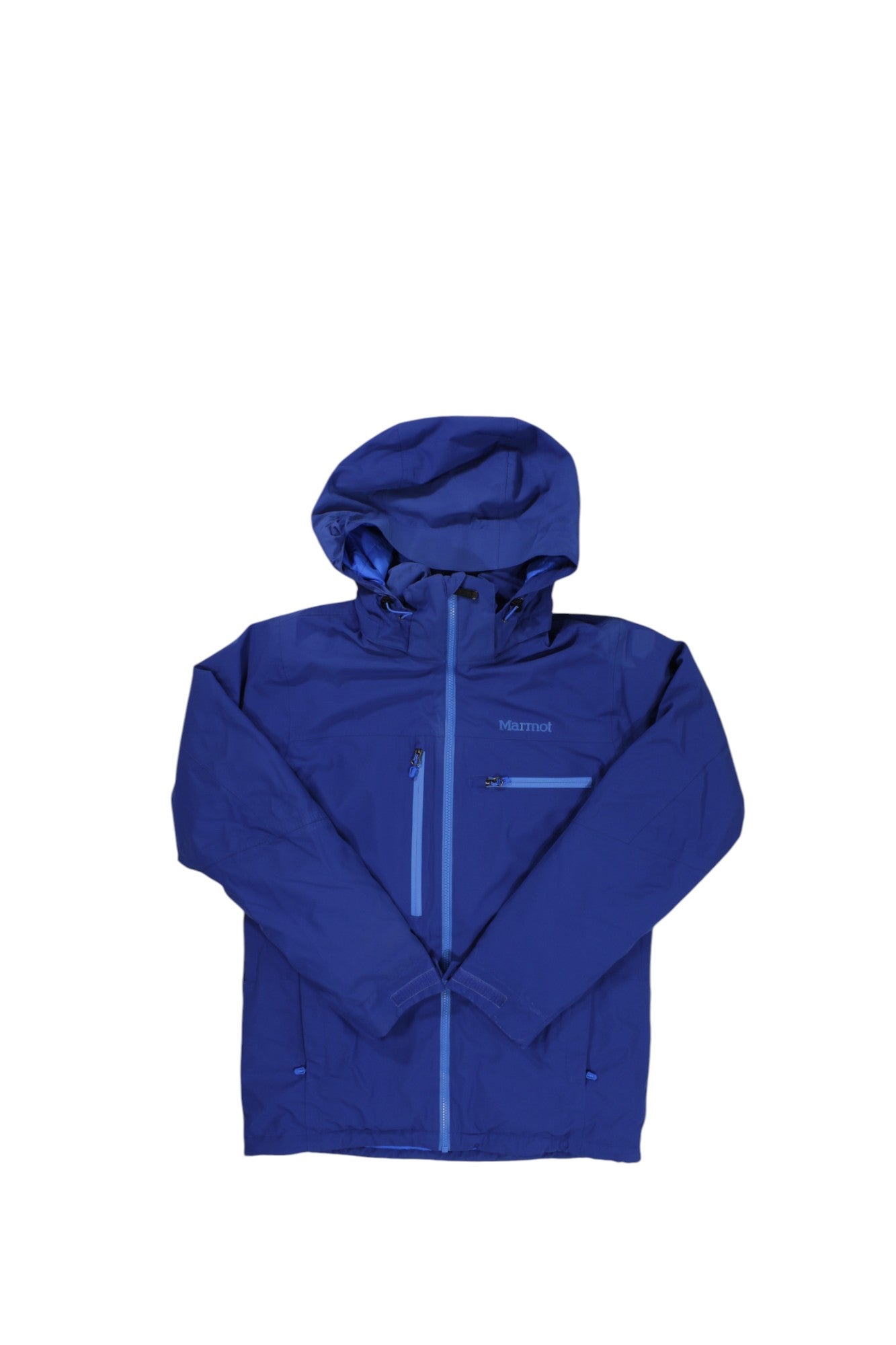 The Marmot Mens Corkscrew Featherless Jacket in blue features a hood and zippered pockets, laid flat on a white background, designed for optimal outdoor performance.