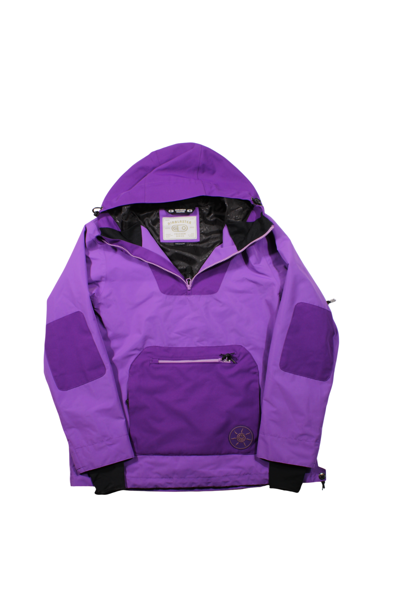 The Airblast Womens Freedom Anorak Jacket is a purple waterproof pullover for women with a front zip pocket, black lining, patch logo, reinforced elbow patches, adjustable cuffs, and 10K waterproof protection.