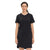A woman with dark hair tied back stands against a plain white background, wearing The North Face Womens Best Tee Ever Dress— a simple, slim fit black dress with short sleeves.