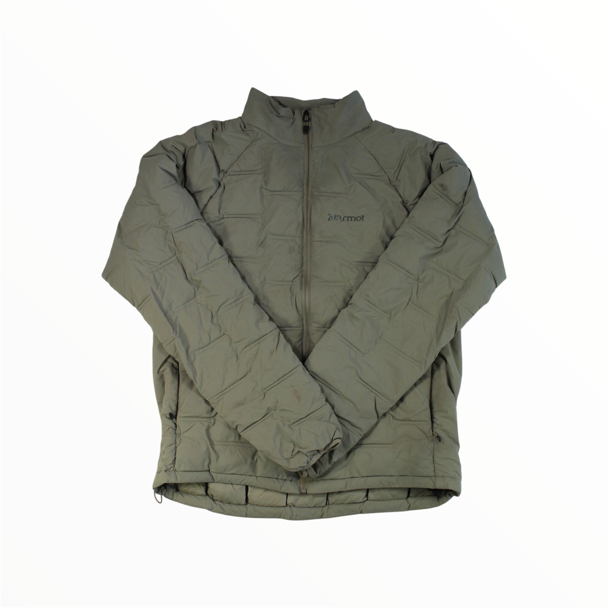 The Marmot Mens WarmCube Active Novus Jacket is a light gray, long-sleeve insulated jacket with a front zipper and high collar. Laid flat on a white background with crossed sleeves, it features a quilted pattern for lightweight outdoor warmth.