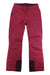 A pair of Obermeyer Womens Malta Pant in red, featuring insulation, a front zipper pocket, button closure, and reinforced dark red ankle patches, laid flat on a white background.