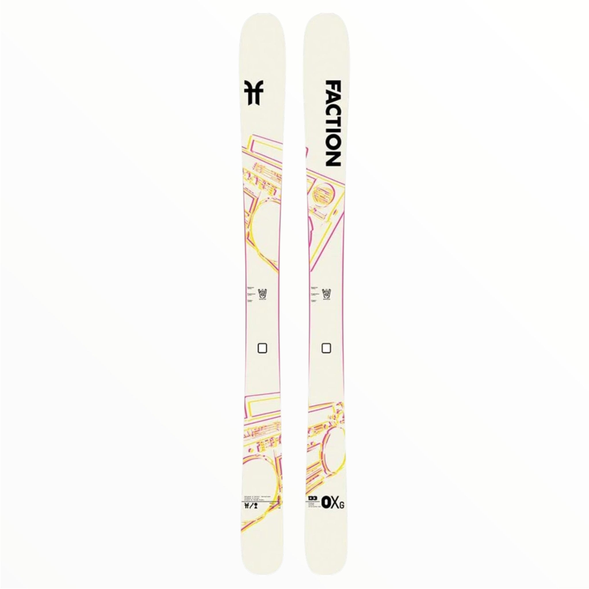 The Faction Prodigy 0X GROM Skis - 2024 are lightweight youth skis in white, with yellow and pink boombox graphics and the Faction logo in black—ideal for beginners hitting the slopes.