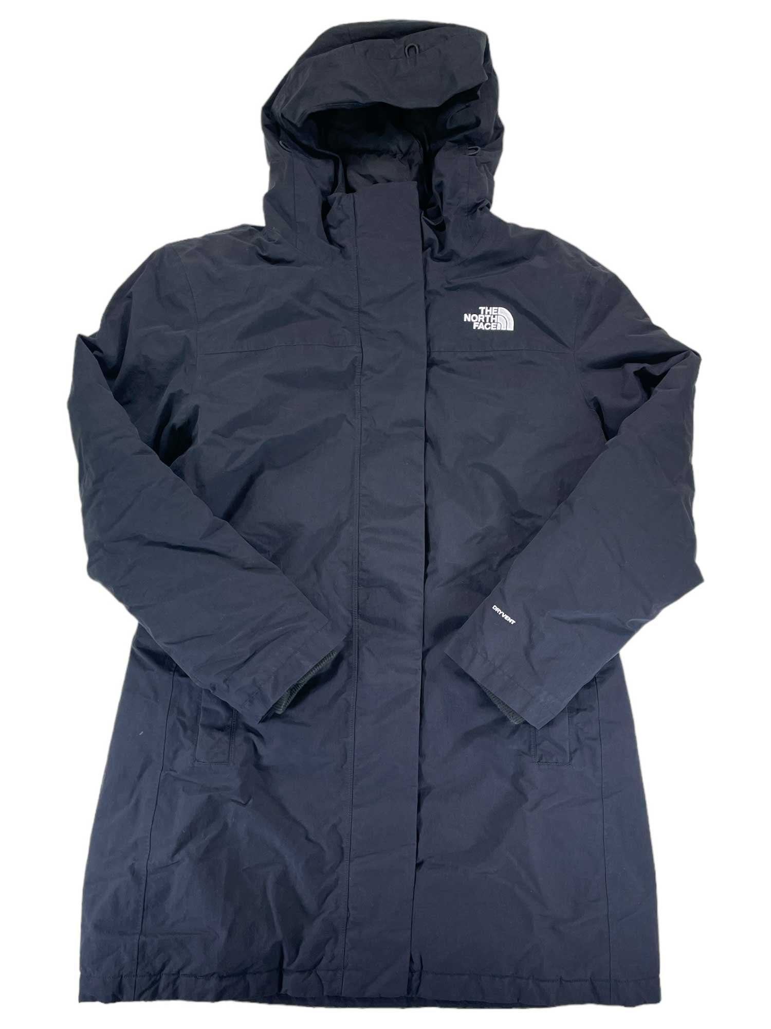 Dark blue hooded parka with zip front, padded design, and The North Face chest logo