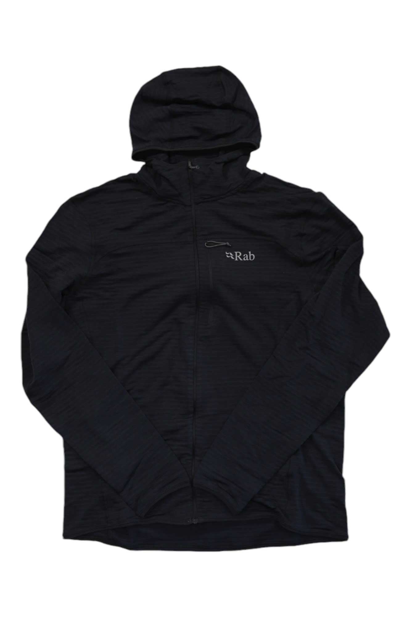 Men's dark lightweight zip hoodie with hood, chest logo, and zip front