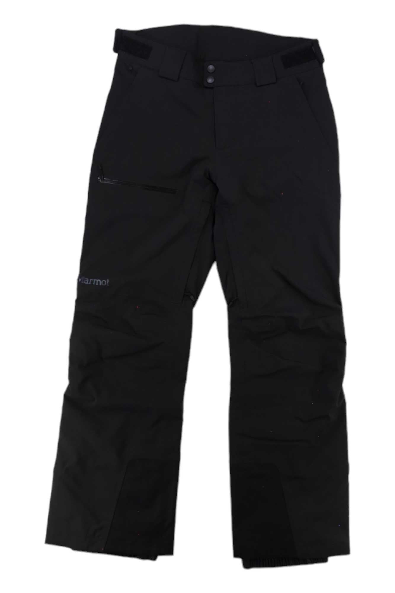 The Womens Refuge Pant is a pair of black waterproof pants with a zippered right pocket, belt loops, and button waist closure, made with NanoPro technology and shown against a white background.