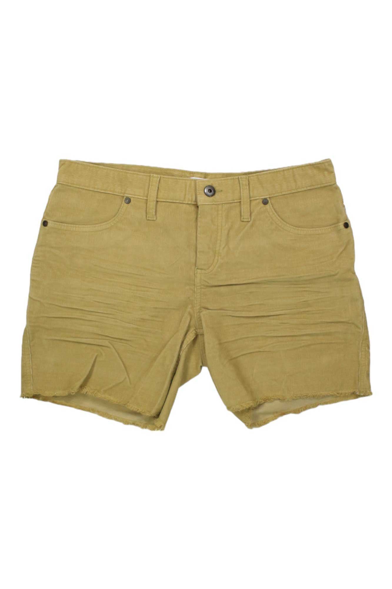 Carve Designs Womens Oahu 6 Inch Short in khaki denim, featuring a button closure, front pockets, belt loops, and frayed hems, is shown laid flat on a white background.