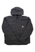 Washed duck hooded jacket in dark gray with snap front and chest button pockets