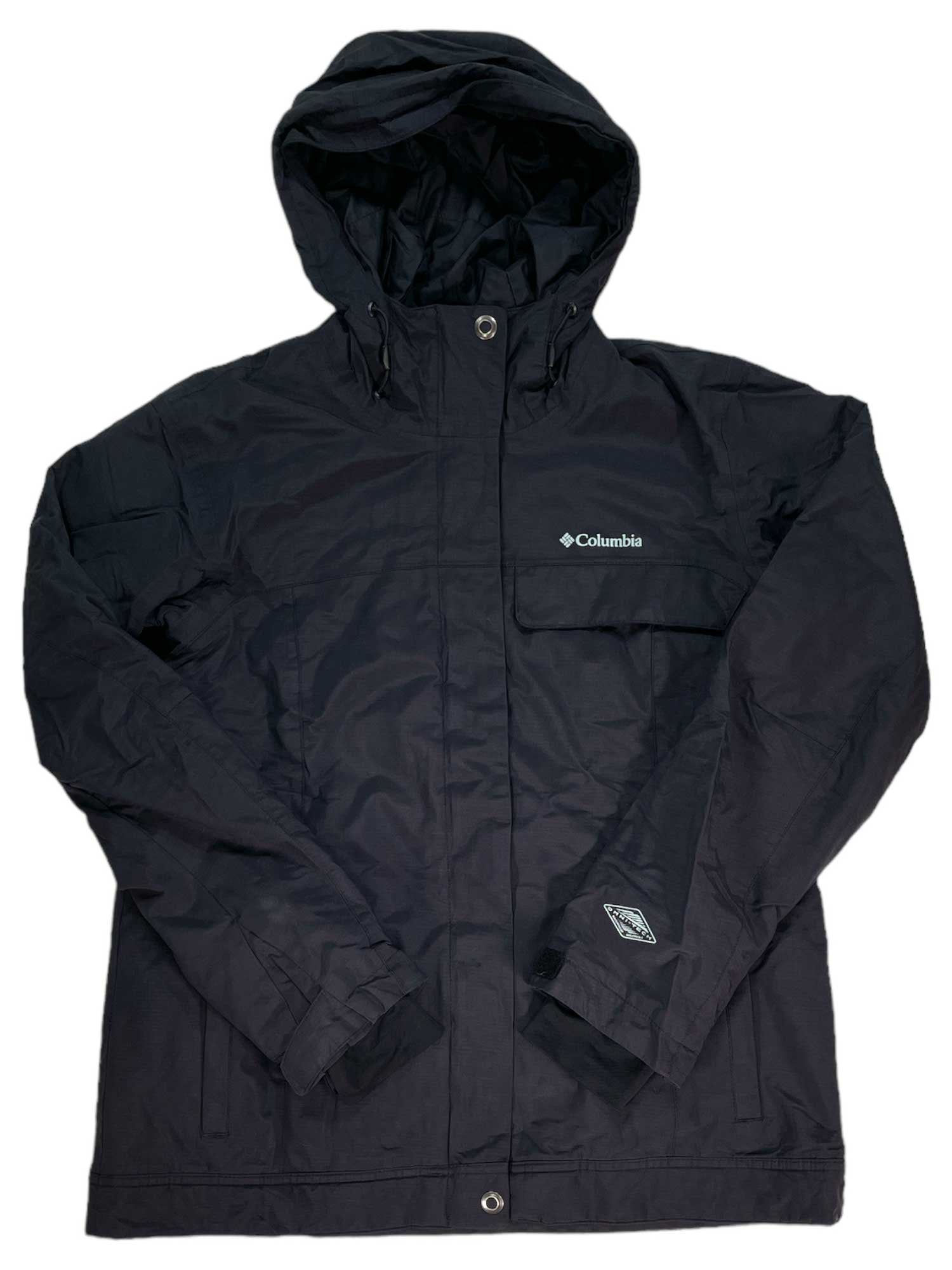 Women's insulated hooded jacket, dark with front zipper and chest pockets