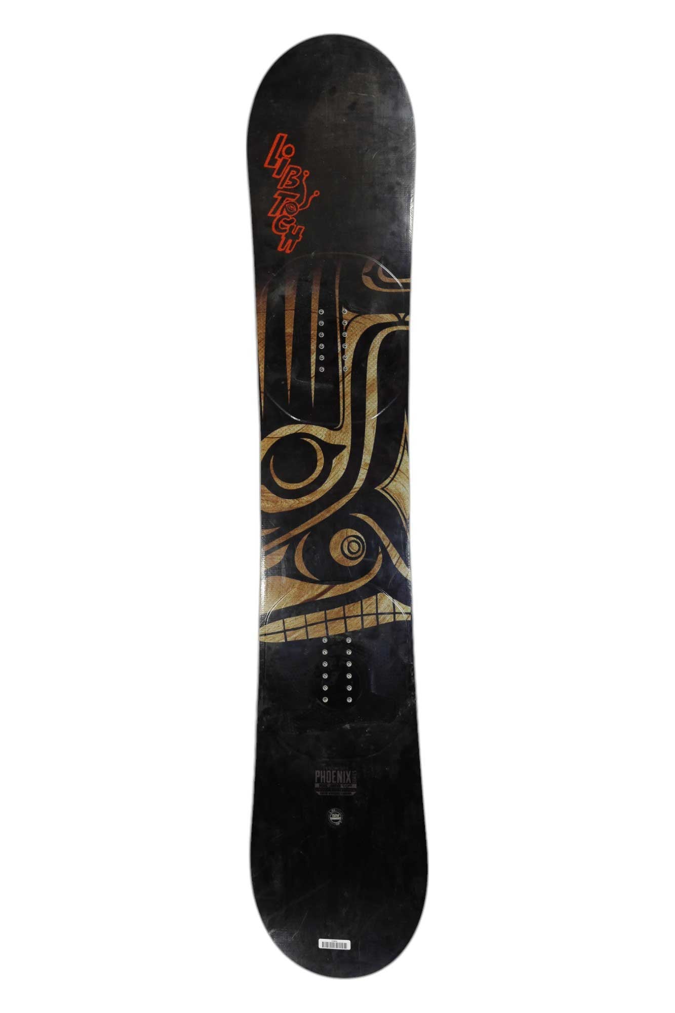 Black snowboard with colorful abstract artwork and small graphic icons