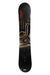 Black snowboard with gold and red abstract design and small graphic icons