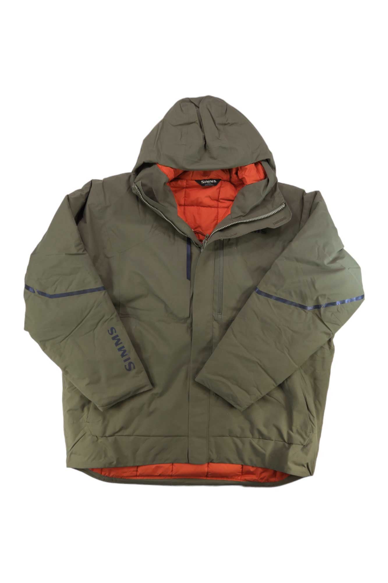 Men's insulated jacket with hood, olive green shell and orange lining