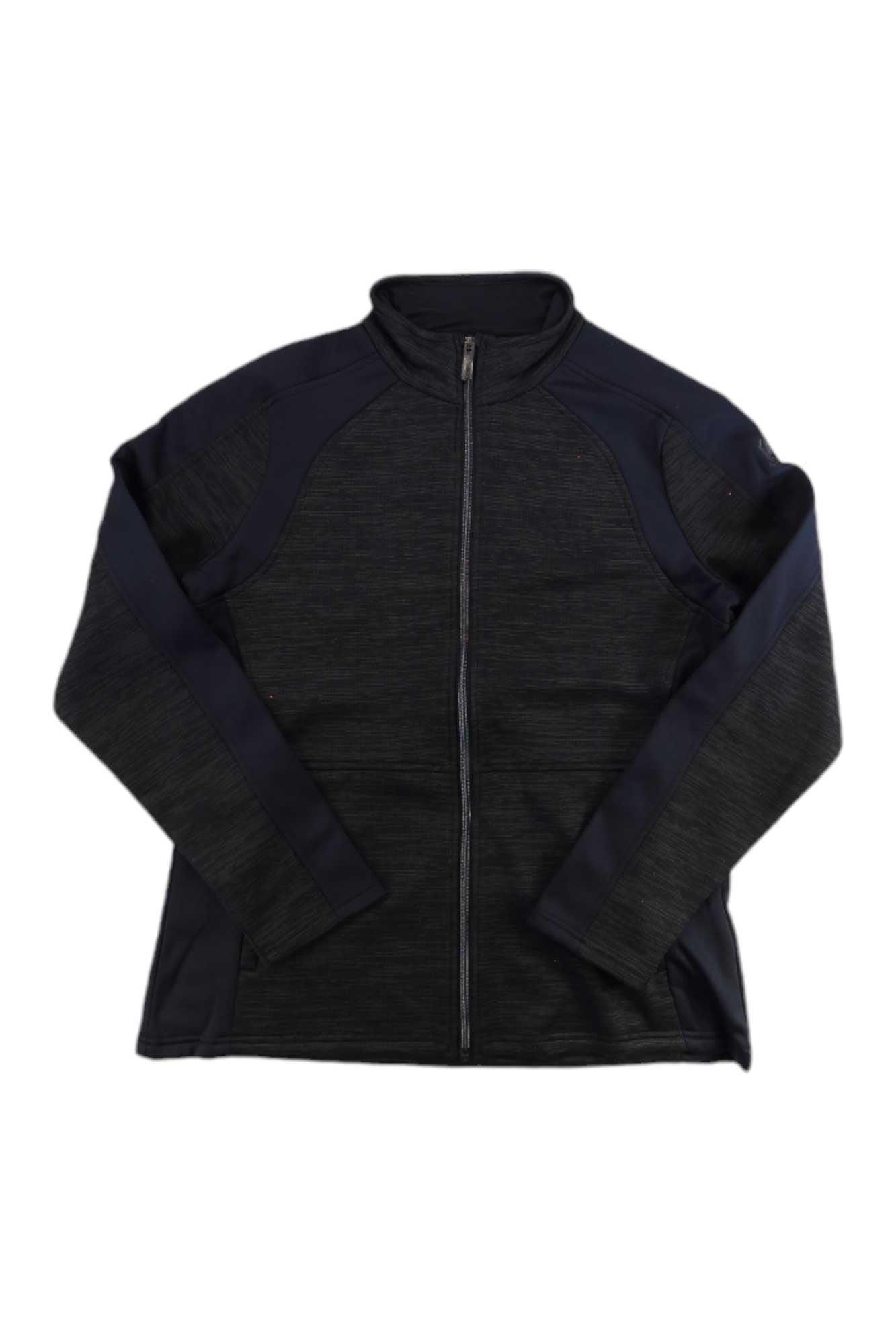 A dark Spyder Womens Encore Jacket made of recycled polyester with long sleeves, a full front zipper, stand collar, and contrasting sleeve and side panels is displayed flat on a white background.