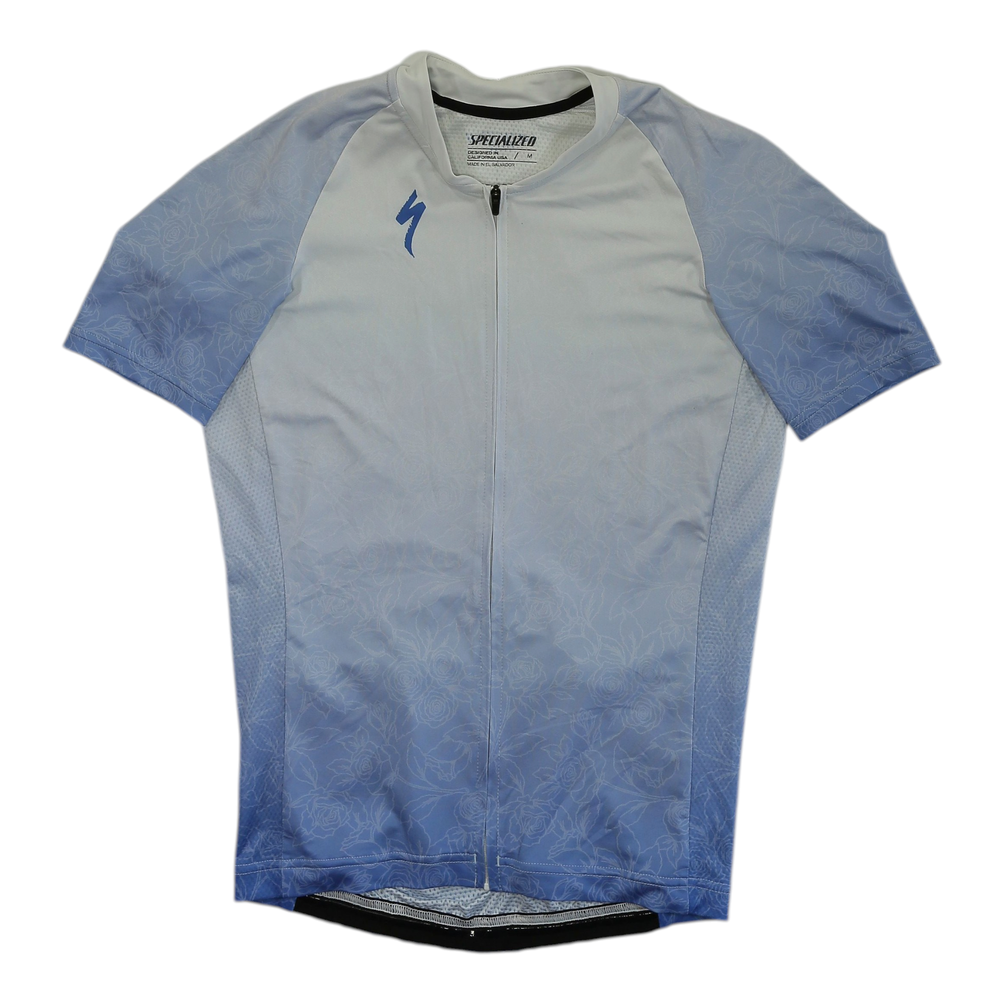 Men's light blue short sleeve cycling jersey, full zip with patterned sleeves