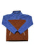 The KAVU Womens Cavanaugh Pullover is a polyester fleece with a blue upper, brown lower section, high collar with black buttons, zippered front pockets, and logo patch—ideal for travel.