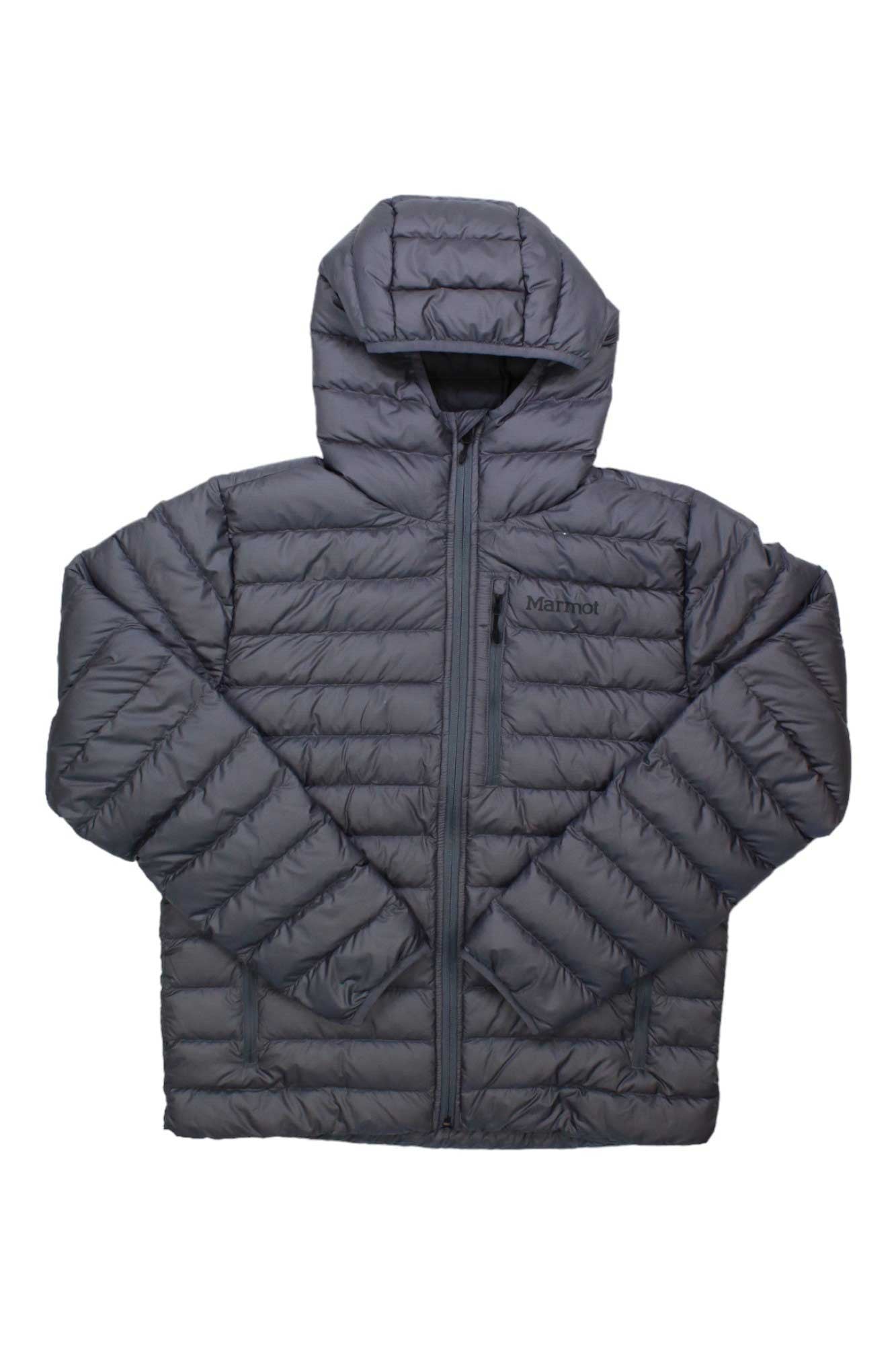 The Mens Highlander Hoody is a gray men’s down jacket with 700-fill, puffer style, horizontal quilting, front zipper, zippered pockets, and visible stitching—shown flat on a white background.