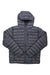 The Mens Highlander Hoody is a gray men’s down jacket with 700-fill, puffer style, horizontal quilting, front zipper, zippered pockets, and visible stitching—shown flat on a white background.