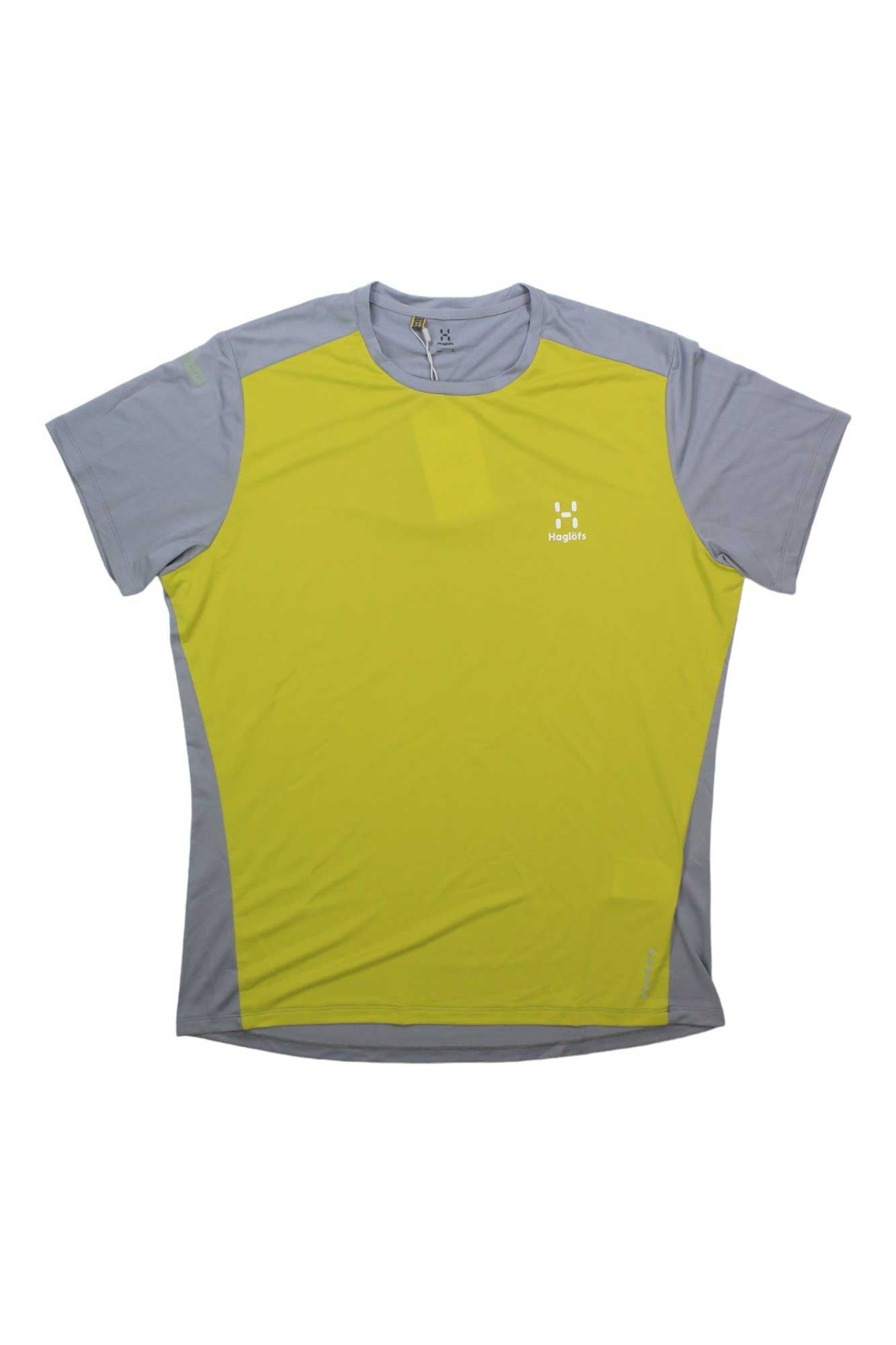 The Haglofs Mens L.I.M Tech Tee is a short-sleeve hiking shirt with light gray sleeves and sides, a bright yellow front and back, made from moisture-wicking recycled polyester, and features a white Haglöfs logo on the left chest.