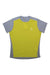 The Haglofs Mens L.I.M Tech Tee is a short-sleeve hiking shirt with light gray sleeves and sides, a bright yellow front and back, made from moisture-wicking recycled polyester, and features a white Haglöfs logo on the left chest.