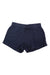 Toad & Co Women's Taj Hemp 3 Inch Short in navy blue, featuring an elastic waistband, drawstring tie, and side pockets, shown laid flat on a white background.