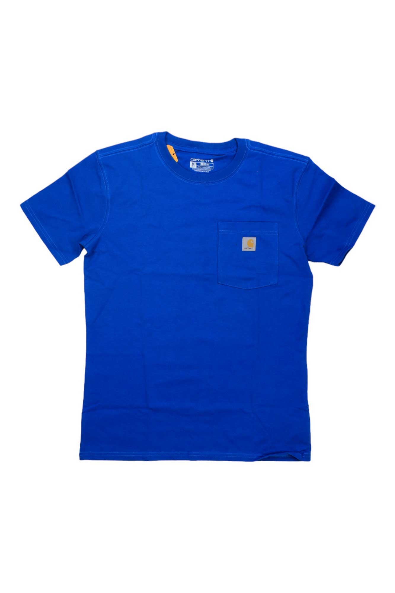 The Carhartt Womens WK87 Workwear Pocket SS T-Shirt is bright blue with a crew neckline and small pocket featuring a square logo patch, shown laid flat on a white background.