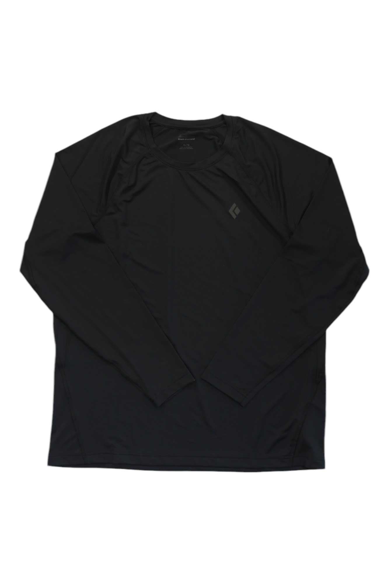 The Black Diamond Mens Alpenglow Crew is a plain black long-sleeve athletic shirt with a small logo on the left chest and Polygiene Odor Control, shown laid flat on a white background.