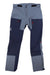 The Haglofs Womens Roc Sight Softshell Pant features gray and navy color-blocking, red zipper accents, reinforced knees and ankles, multiple pockets, and adjustable waist tabs—perfect for climbing or outdoor adventures.