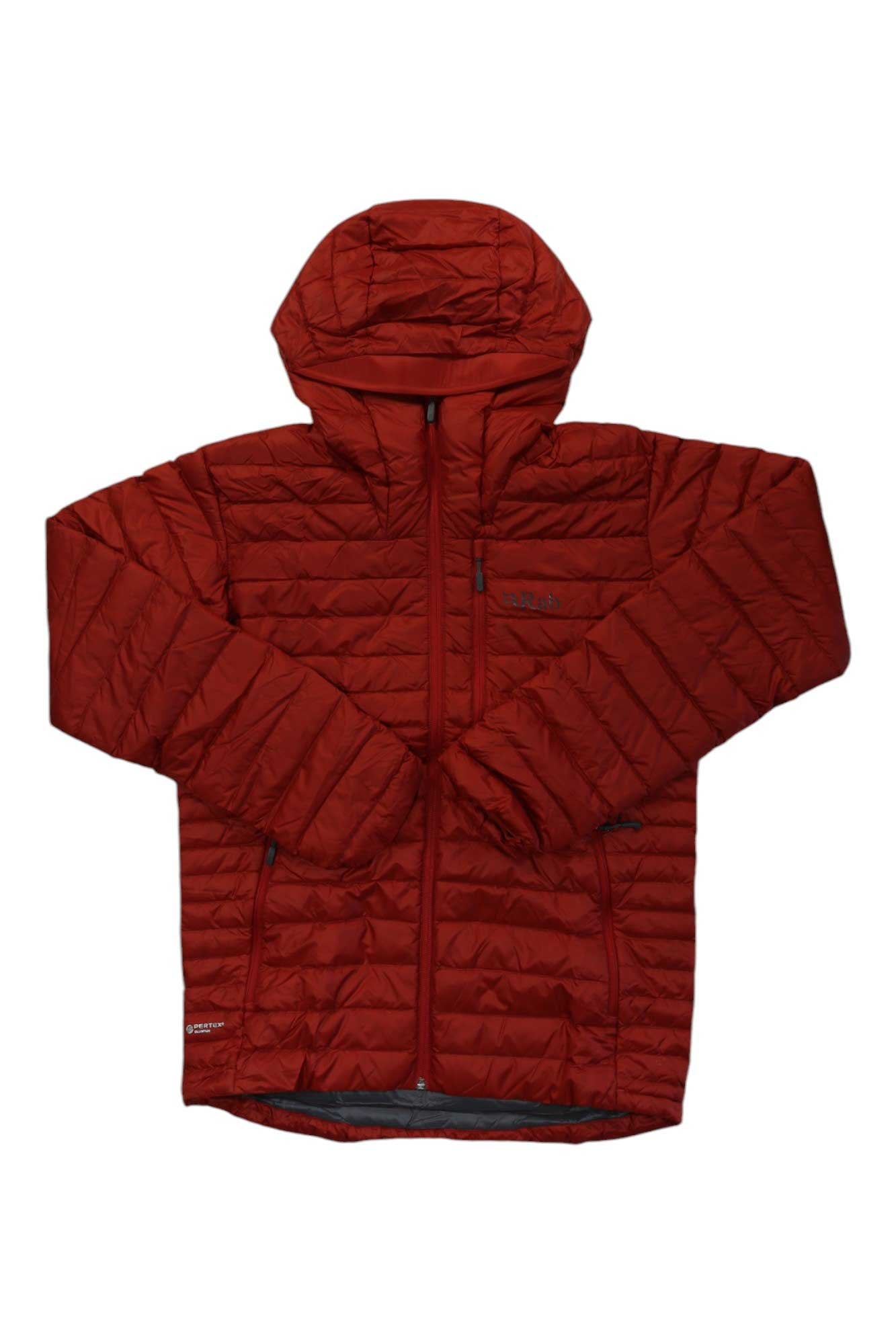 Men's red hooded puffer jacket with full-zip and quilted insulation; Rab logo on chest.