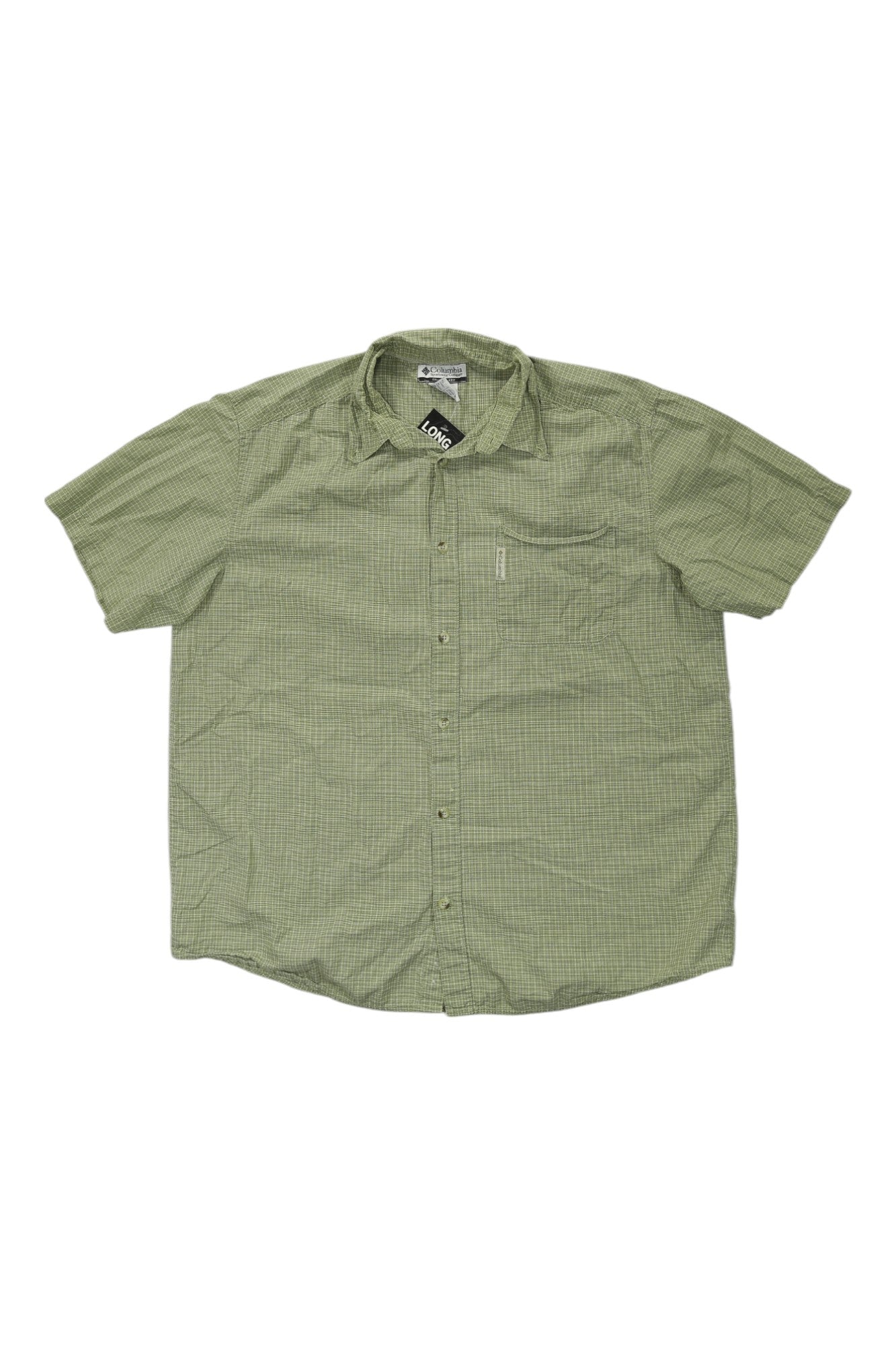 The Columbia Men's Short Sleeve Button Up Shirt in light green features a subtle checkered pattern, single chest pocket, and is displayed against a white background.