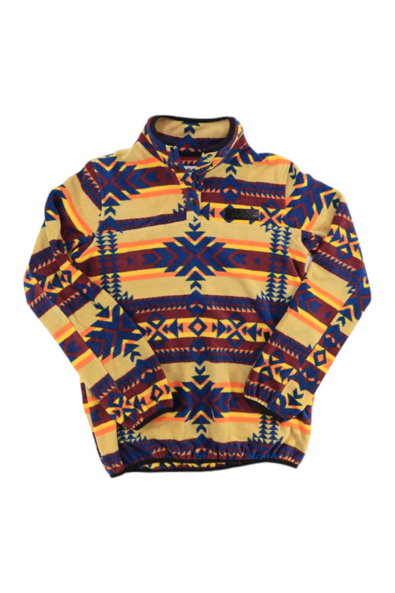 The KAVU Womens Cavanaugh Pullover is a long-sleeve sweater with a high collar, buttoned neckline, and vibrant geometric tribal patterns in yellow, blue, orange, and red—ideal as a cozy travel pullover for women.