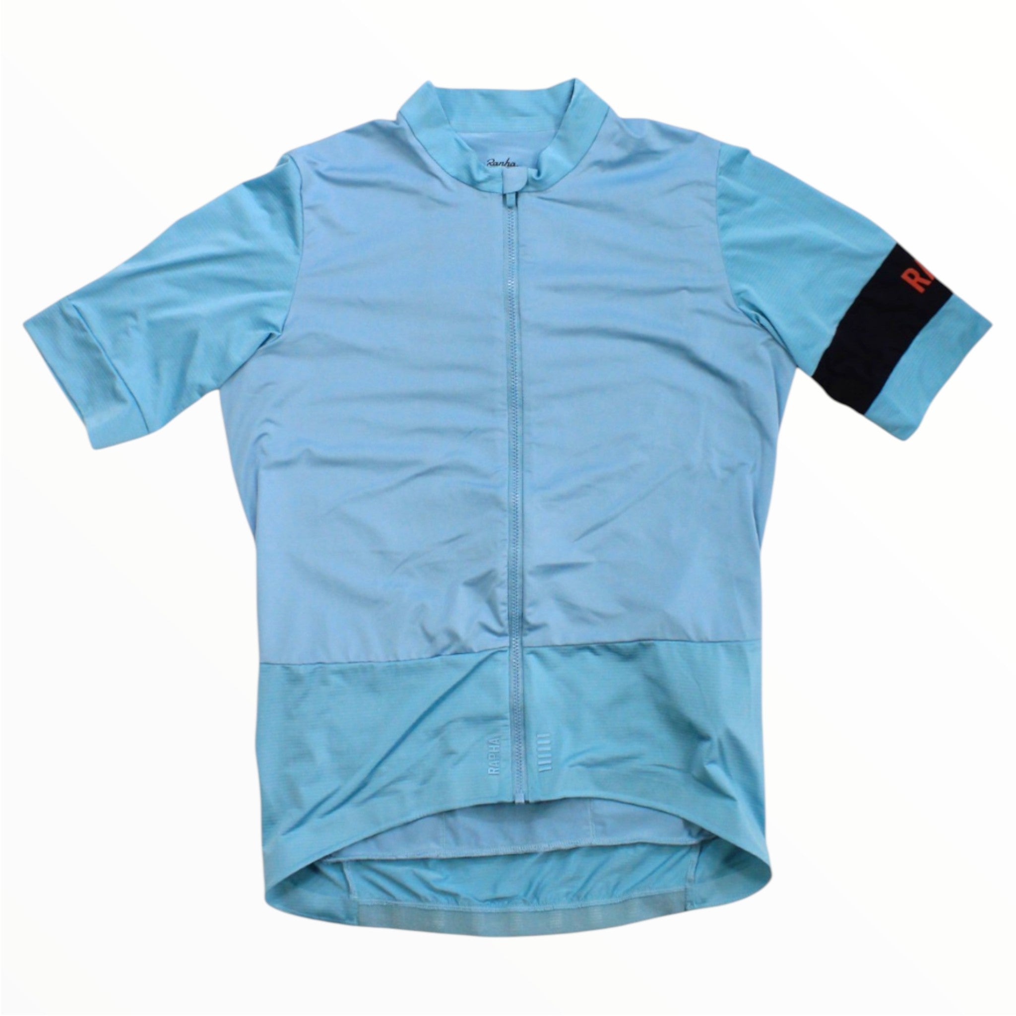 Light blue cycling jersey with full front zipper and black/red side sleeve panel.