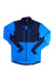 A Norrona Mens Trollveggen Hiloflex200 Jacket in blue and navy, featuring long sleeves, a high collar, and multiple zippered pockets, is laid flat on a white background—ideal for outdoor adventures.