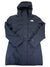 Women’s dark blue hooded down parka with front zipper and The North Face logo