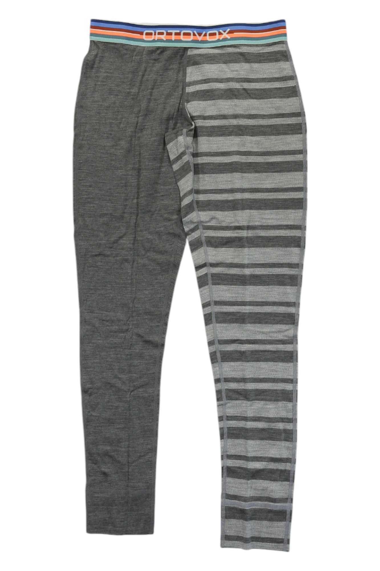 Ortovox womens long pant in dark grey with striped right-leg panel and elastic waistband