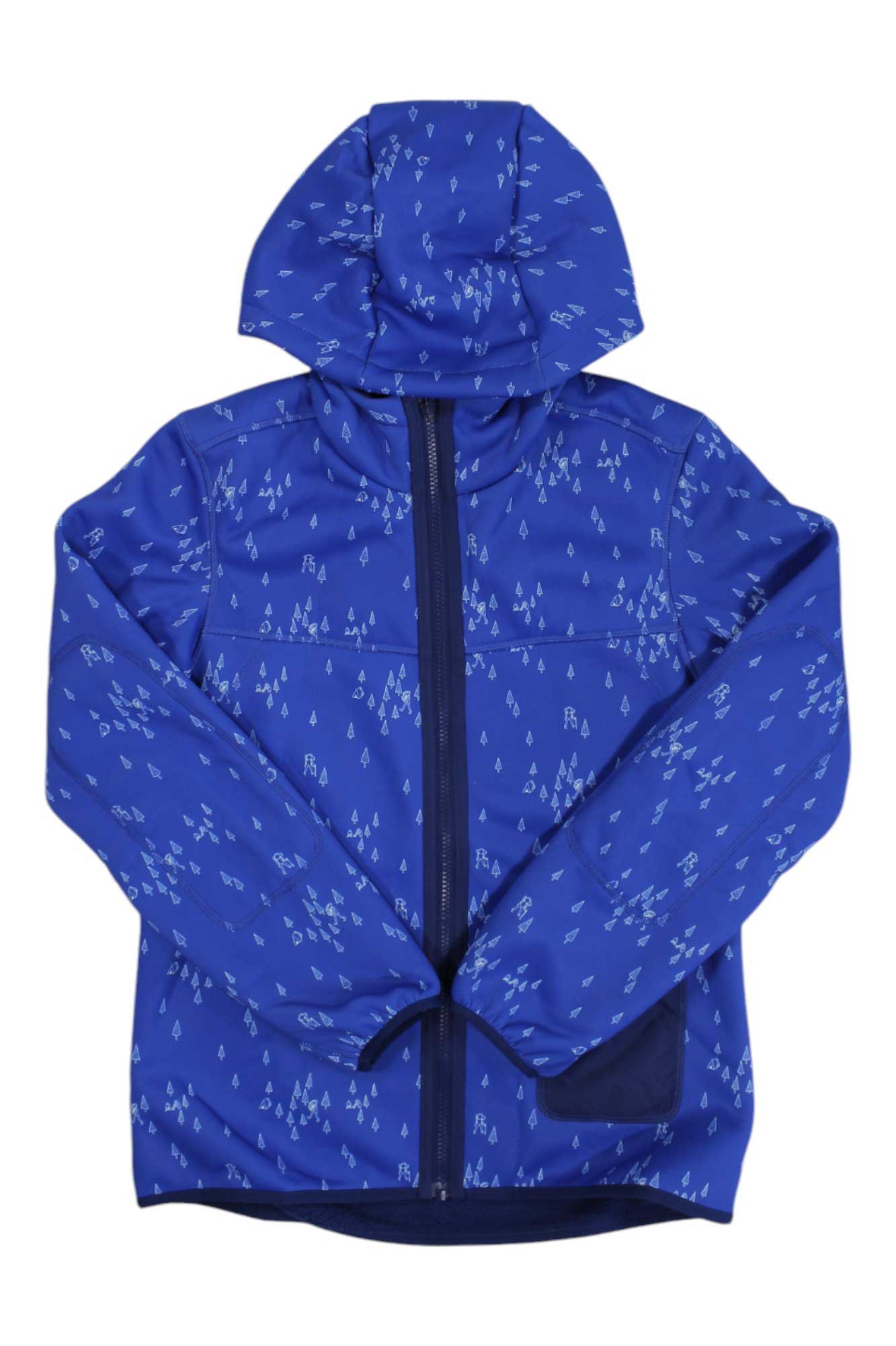 The Helly Hansen Womens Verket Reversible Pile Jacket in blue features a subtle small white tree pattern, front zipper, and two side pockets—ideal for outdoor adventures. The reversible design allows versatile styling.