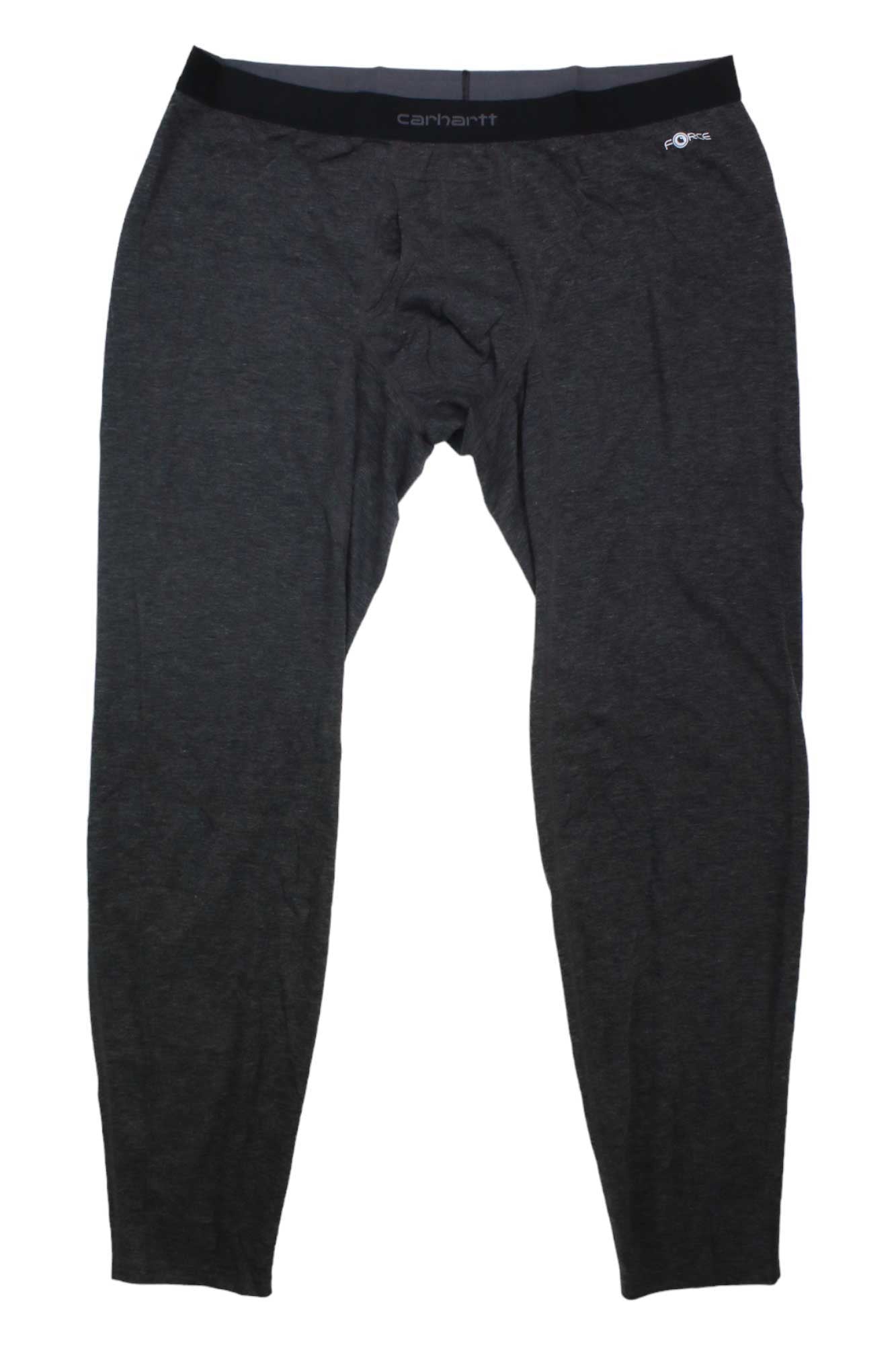 The Carhartt Mens Base Force Heavyweight Poly-Wool Bottom is a dark gray, full-length base layer with a black elastic waistband, logo at the waist, and moisture-wicking poly-wool fabric for all-day comfort.