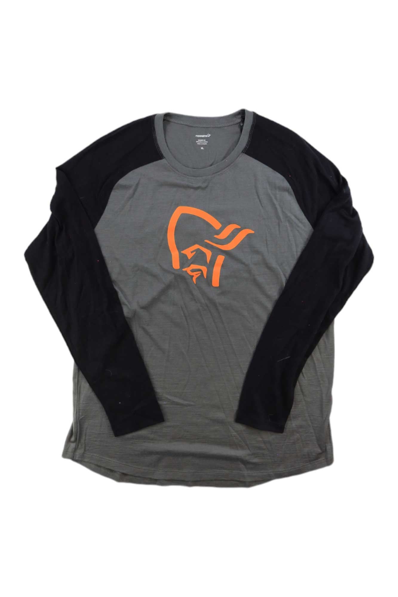 The Norrona Mens Pureull LS Top is a long-sleeved raglan shirt with black sleeves, a gray body, and an orange stylized face graphic on the chest. It works great as a moisture-wicking base layer or on its own for versatile style.