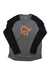 The Norrona Mens Pureull LS Top is a long-sleeved raglan shirt with black sleeves, a gray body, and an orange stylized face graphic on the chest. It works great as a moisture-wicking base layer or on its own for versatile style.