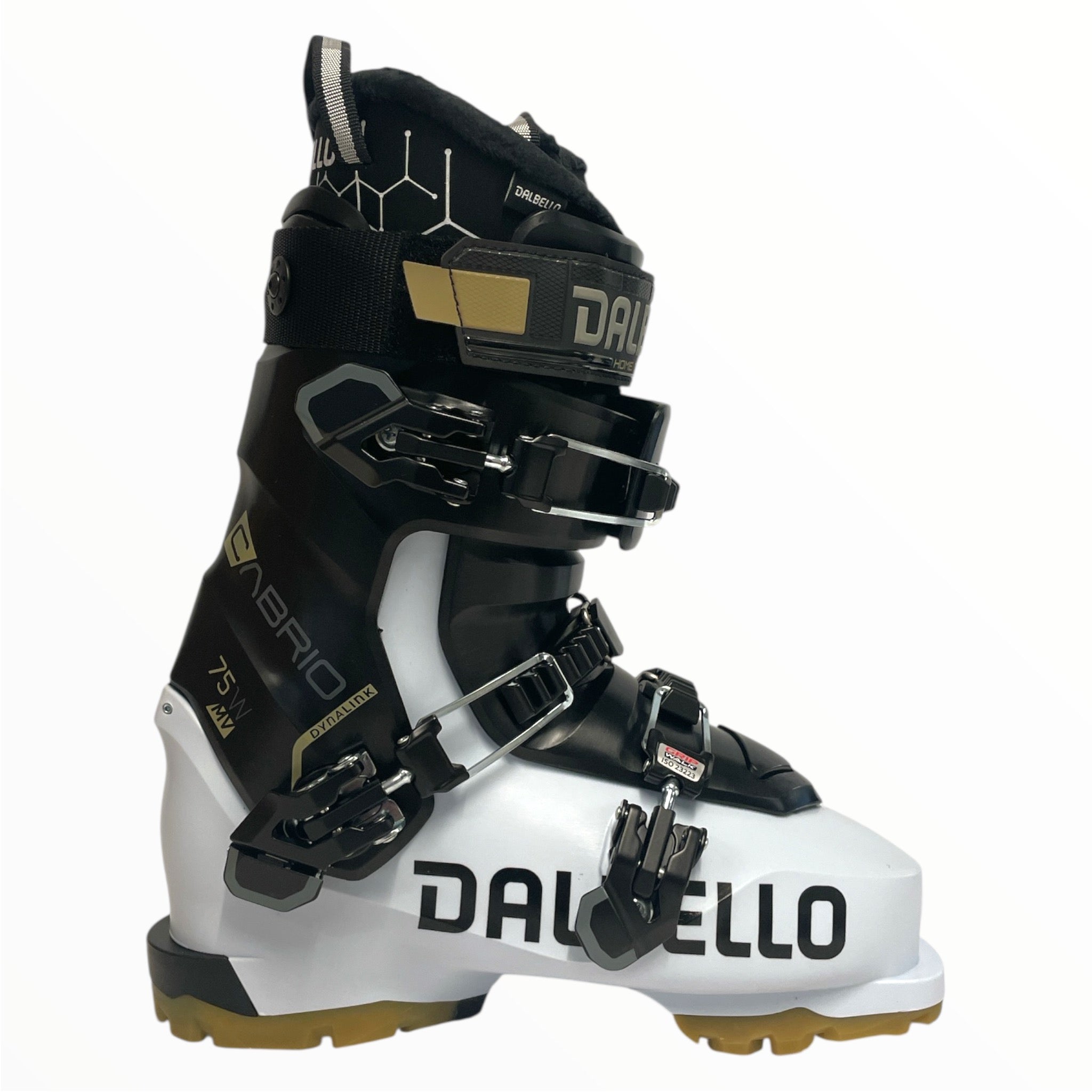 The Dalbello Womens Cabrio MV 75 IF Ski Boot in black, white, and gold features multiple adjustable buckles and a sturdy build—ideal beginner alpine ski boots for women—shown on a plain white background.