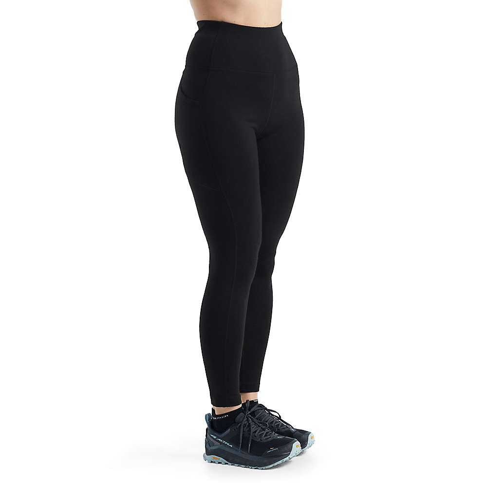 Women's high-rise black tight pants, streamlined fit to ankle, side view