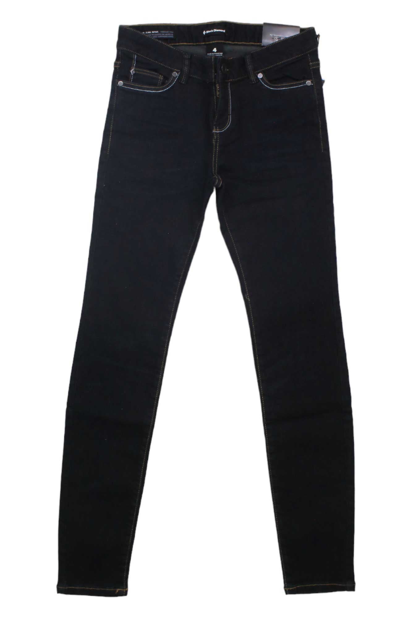 The Black Diamond Womens Forged Denim Pant in black is laid flat on a white background, showing front and back pockets, visible stitching, and belt loops—ideal women’s climbing pants for durability and style.