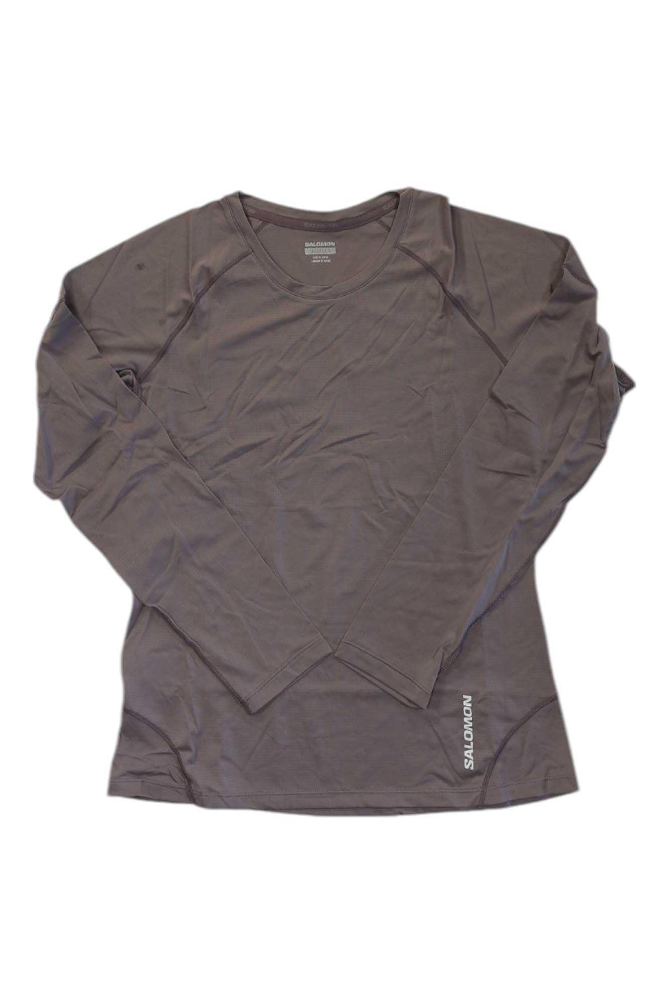 Brown long-sleeve performance tee with thumbhole cuffs and small chest logo