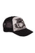 Trucker hat with black mesh sides, white front panel with line-art vehicle, black brim