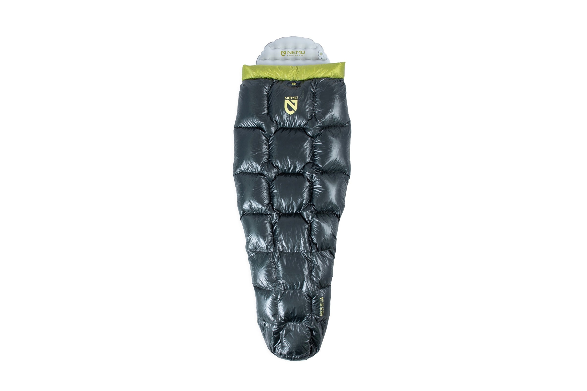 The Nemo Pulse 20/30 Sleeping Bag is a black, ultralight mummy-style bag with a quilted pattern, yellow trim near the hood, and a visible logo, shown against a white background.