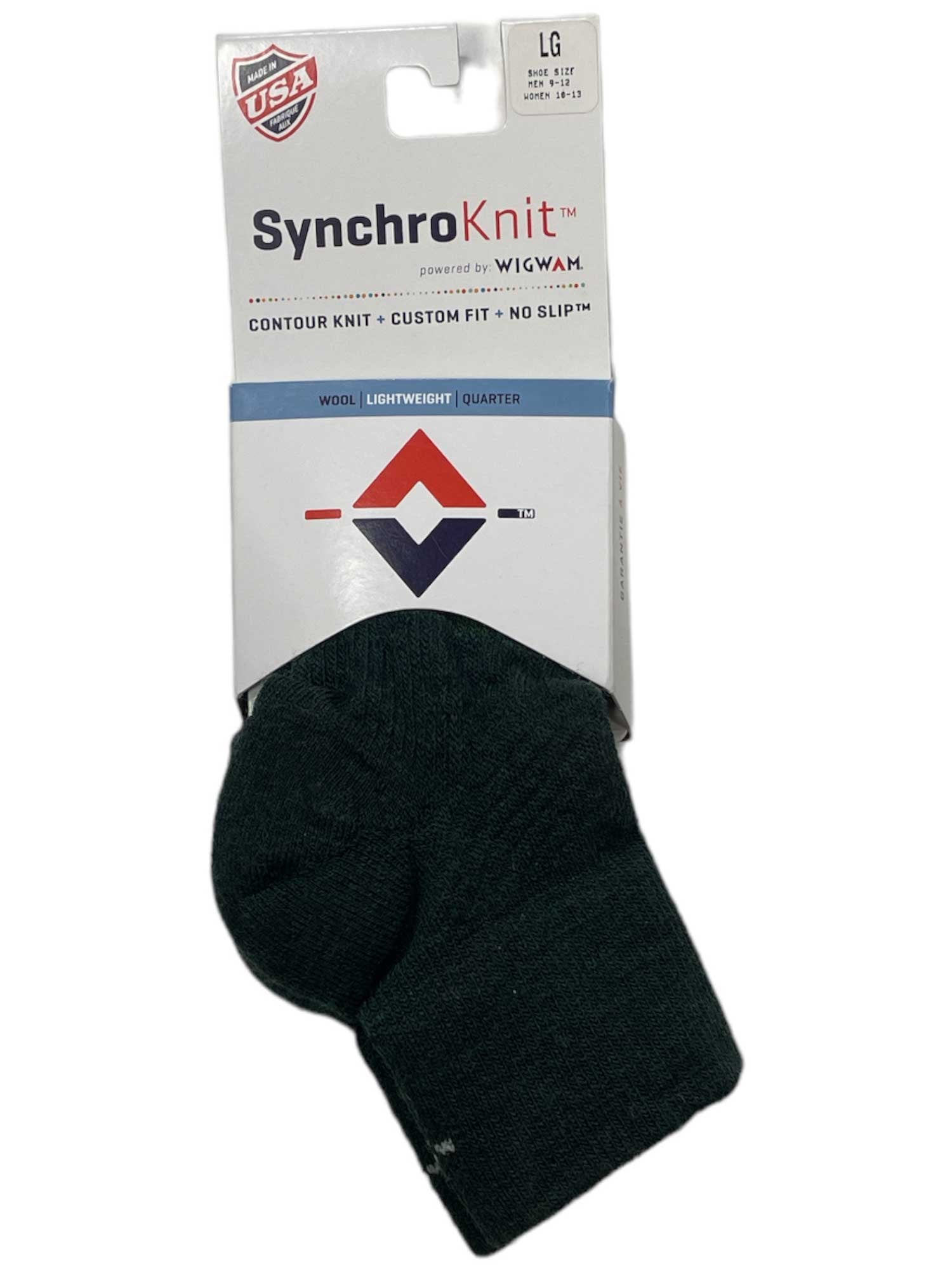 A package of Wigwam Trail Junkie Light Quarter Socks in dark quarter style, size large, with a custom fit and contour knit, made in the USA. Packaging has red, white, and blue accents for a sporty look.